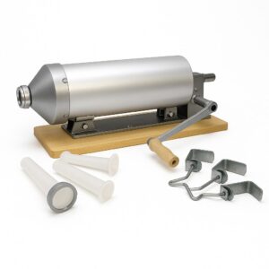 Priemyselná plnička klobás 8l – maďarská výroba, hrubostenný valec, drevená základňa